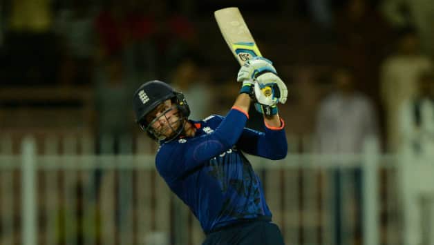 Jos Buttler scoring his third ODI century off just 46 deliveries, including eight boundaries and sixes © Getty Images