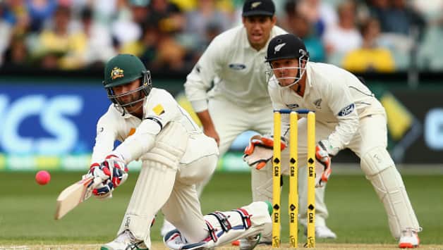 Nathan Lyon plays to a delivery from Mitchell Santner and was given not out on DRS review. (Photo courtesy: Getty Images)