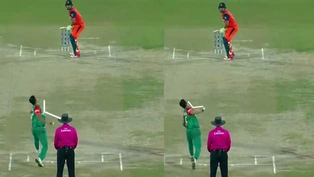 It is evident that Taskin’s arm bends significantly when his arm reaches his shoulder. Picture courtesy: BD Sports News 24 on YouTube