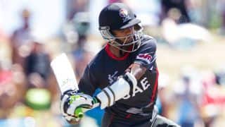 Amjad Javed dismissed for two by Ravindra Jadeja against India in ICC Cricket World Cup 2015