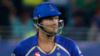 Shane Watson dismissed for 28 against Mumbai Indians in Match 32 of IPL 2015 Shane Watson dismissed for 28 against Mumbai Indians in Match 32 of IPL 2015