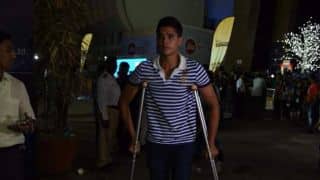 Sachin Tendulkar’s son Arjun attends Justin Bieber’s concert on crutches Sachin Tendulkar’s son Arjun attends Justin Bieber’s concert on crutches