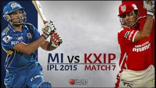 Live Cricket Score Mumbai Indians vs Kings XI Punjab IPL 2015 Match 7 at Mumbai, MI 159/7 after 20 overs: Harbhajan Singh blitz fails to take MI home