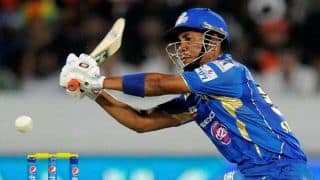 Lendl Simmons, Unmukt Chand dismissed in quick succession against Rajasthan Royals in Match 30 of IPL 2015 Lendl Simmons, Unmukt Chand dismissed in quick succession against Rajasthan Royals in Match 30 of IPL 2015