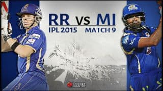Live Cricket Score Rajasthan Royals (RR) vs Mumbai Indians (MI) IPL 2015 Match 9 at Ahmedabad, RR 165/3 in 19.1 overs: Steven Smith takes RR to victory Live Cricket Score Rajasthan Royals (RR) vs Mumbai Indians (MI) IPL 2015 Match 9 at Ahmedabad, RR 165/3 in 19.1 overs: Steven Smith takes RR to victory
