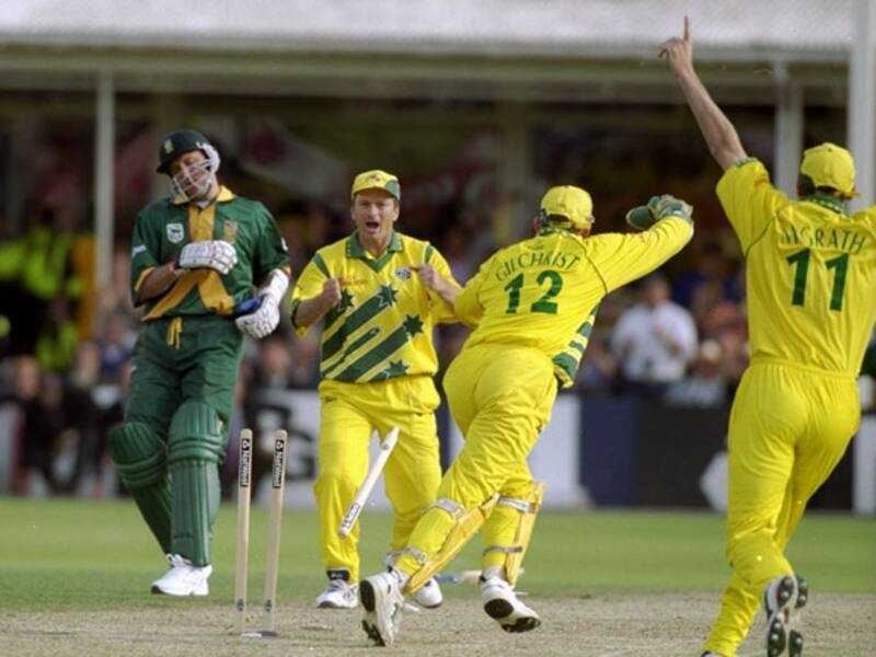Steve Waugh celebrates as Allan Donald of South Africa is run out and Australia go through to the World Cup final after a dramatic semi final at Edgbaston.