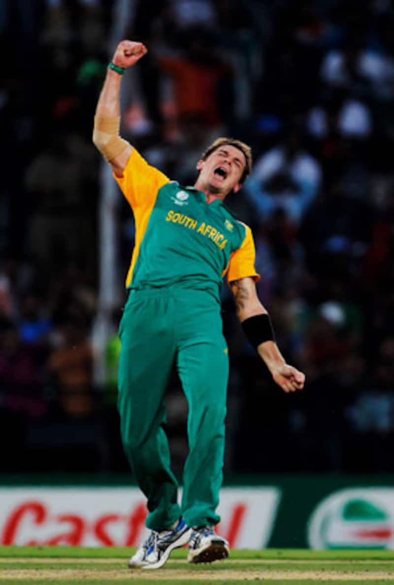 Dale Steyn of South Africa celebrates after bowling Munaf Patel of India during the Group B ICC World Cup Cricket match between India and South Africa at Vidarbha Cricket Association Ground on March 12, 2011 in Nagpur, India.