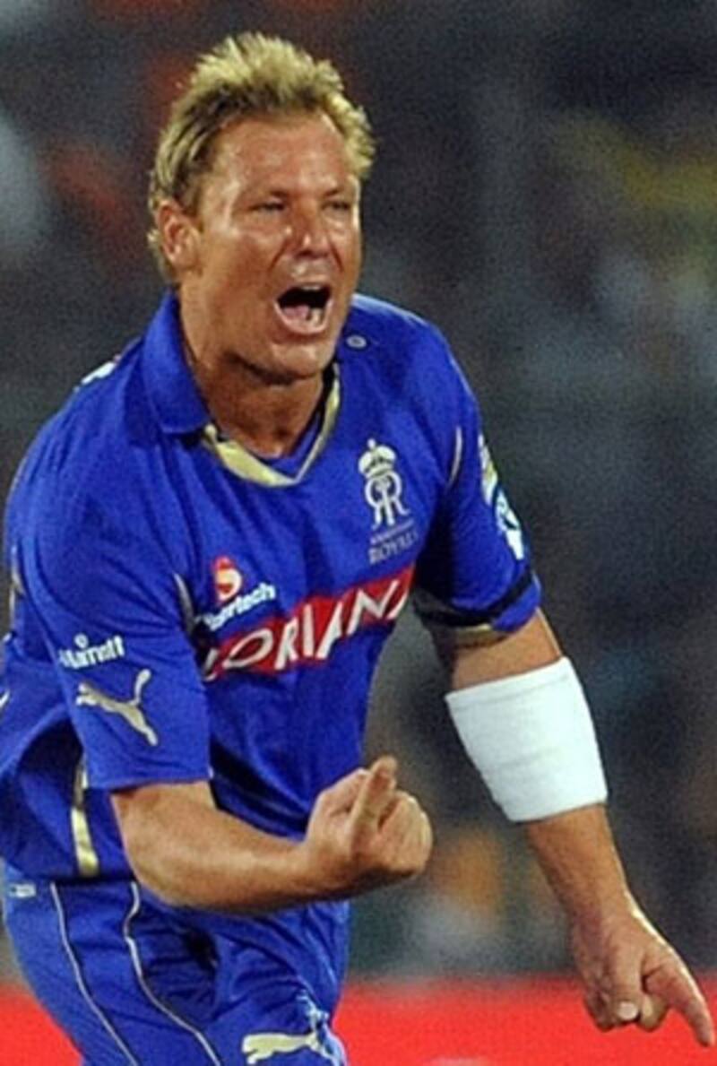 Rajasthan captain Shane Warne clebrates after taking a wicket during their IPL match against Chennai on Wednesday &Acirc;&copy; AFP