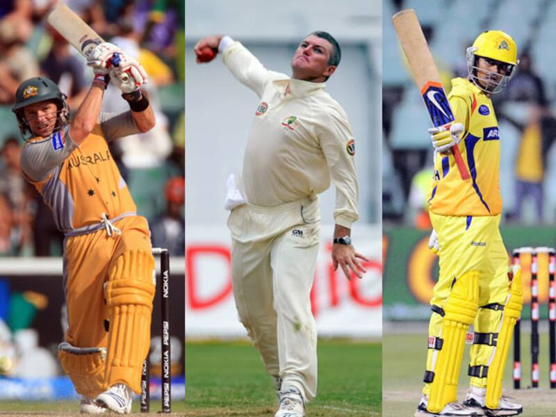 Brad Hodge (L), Stuart MacGill (C), Subramaniam Badrinath (R) &Acirc;&copy; Getty Images