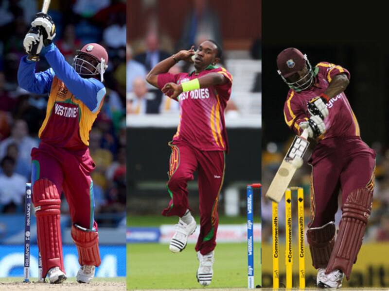 From left, Chris Gayle, Dwayne Bravo and Kieron Pollard &Acirc;&copy; Getty Images