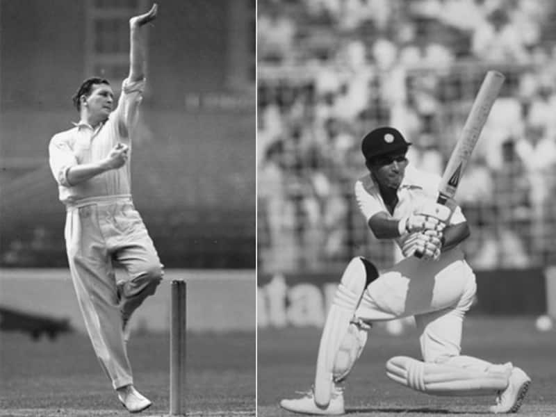 Jim Laker (L) of England became the first bowler in Tests to take 10 wickets in an innings in 1956, while Sunil Gavaskar was the first batsman to reach the milestone of 30 Test centuries in 1983 &Acirc;&copy; Getty Images