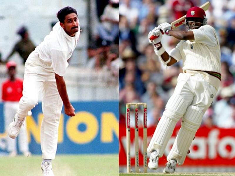 Anil Kumble (L) became only the second bowler to claim all 10 wickets in an innings and Brian Lara scored the first quadruple-century in Tests © AFP