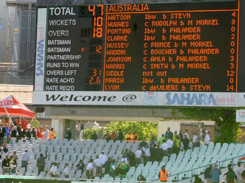 The scoreboard showing Australia all out for 47 runs during day two of the first Test against South Africa in Cape Town &Acirc;&copy; Getty Images