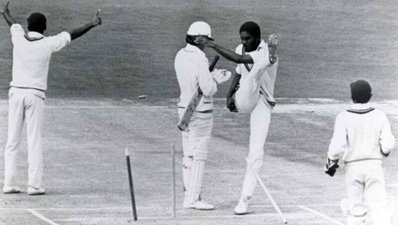 Michael Holding kicks the stumps in frustration after a decision for caught behind was turned down in the 1st Test against New Zealand at Carisbrook in Dunedin, New Zealand, in 1980 © Getty Images