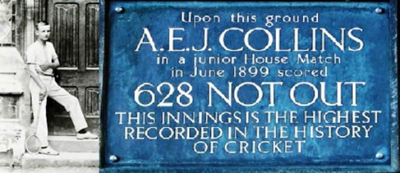 Arthur Edward Jeune Collins (left) and a plaque at Clifton College honouring his epic feat. Photo courtesy: Wikimedia Commons.