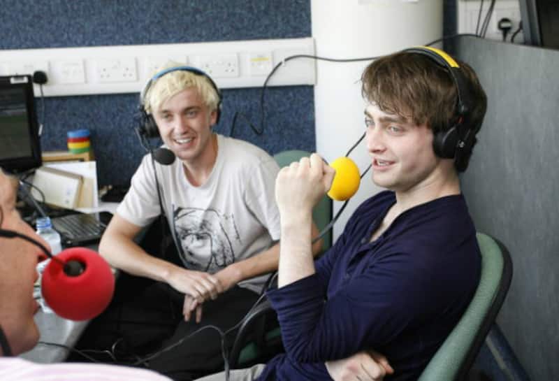 Tom Felton (left) and Daniel Radcliffe at the Test Match Special studio © Getty Images