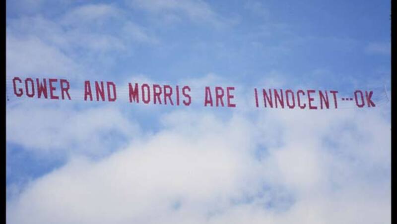A banner proclaiming the innocence of David Gower and John Morris circles the WACA ground during the 1991 Test between England and Australia at Perth. This followed the infamous Tiger-Moth incident which effectively cost John Morris his Test career &copy; Getty Images