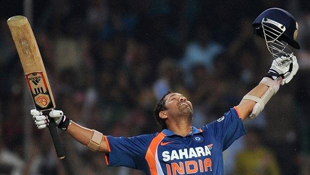 Sachin Tendulkar celebrates after completing the first-ever ODI © AFP