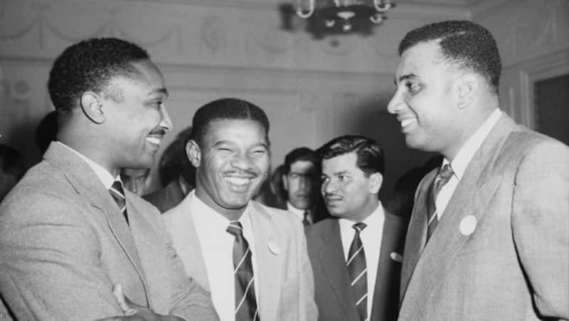 This 1957 picture of the 'Three Ws' of the West Indian cricket shows them attending a cocktail party at the West Indian Club, London, a day after their arrival in Britain. From left: Frank Worrell (left), Everton Weekes (second from right) and Clyde Walcott (right).  Between Weekes and Walcott is the great Sonny Ramadhin &copy; Getty Images