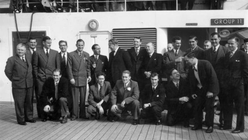 The England cricket team for the 1954-55 tour of Australia and New Zealand are seen aboard the liner Orsova. Standing (left to right) â George Duckworth, Tom Graveney, Peter May, Len Hutton, Bill Edrich, Lord Cobham, Bob Appleyard, HS Altham, Reg Simpson, JV Wilson, Alec Bedser, CG Howard, Trevor Bailey, Godfrey Evans. Front Row â J McConnon, Brian Statham, Johnny Wardle, Keith Andrew and Colin Cowdrey © Getty Images