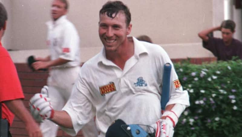 Michael Atherton is all smiles after helping England draw the 1995 Johannesburg Test against South Africa &Acirc;&copy; Getty Images