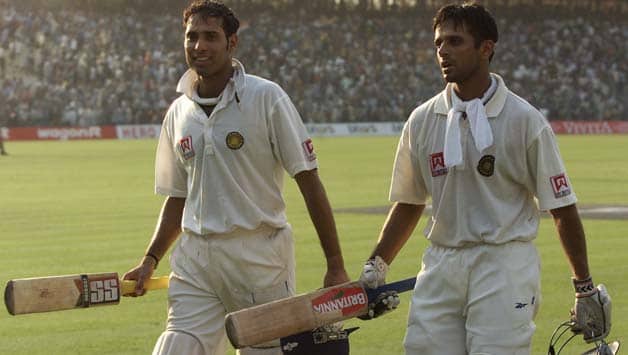 VVS Laxman (left) returns to the pavilion with Rahul Dravid at the end of the fourth day of the second Test match between India and Australia at Eden Gardens in Calcutta © Getty Images