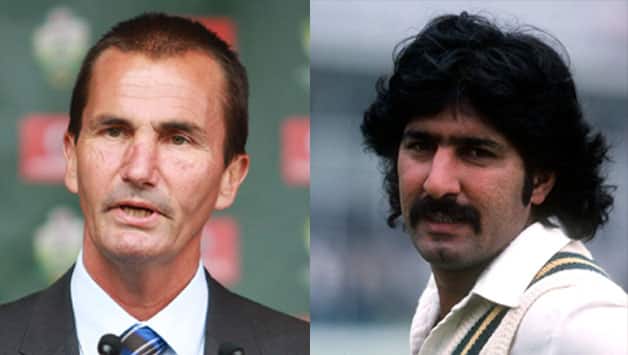 Rick Darling drove Sarfraz Nawaz (right) to Sikander Bhakt to cover, who idly shied the ball towards the non-striker's end. The unsuspecting non-striker Andrew Hilditch (left), picked it up and threw it back to Sarfraz, who appealed for handling the ball. The umpire had no option but to give Hilditch out © Getty Images