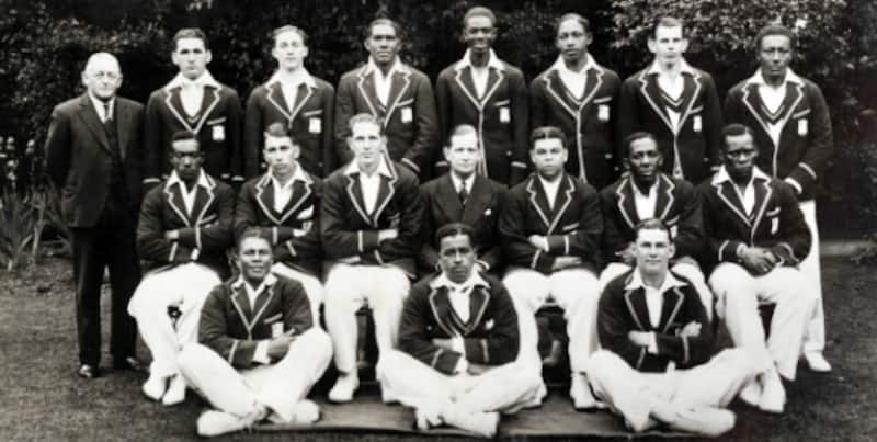 Back, from left: Bill Ferguson, Gerry Gomez, Jeffrey Stollmeyer, Leslie Hylton, Tyrell Johnson, Bertie Clarke, Peter Bayley, Foffie Williams.  Middle, from left: George Headley, Ivan Barrow, Rolph Grant (c), Jack Kidney (manager), John Cameron, Learie Constantine, Manny Martindale.  Front, from left: Bam Bam Weekes, Derek Sealy, Vic Stollmeyer &Acirc;&copy; Getty Images