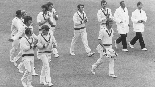 Bob Massie (right) is cheered off the field by the Australian team after taking eight for 84 in the England first innings. He took another eight-wicket haul in the second innings to finish with 16-137 in his debut Test. The Australians trooping back to the pavilion are (from left): Doug Walters, David Colley, Ross Edwards, Rodney Marsh, Keith Stackpole, Dennis Lillee, Bruce Francis, John Gleeson and Greg Chappell. The two umpires are Arthur Fagg and David Constant © Getty Images