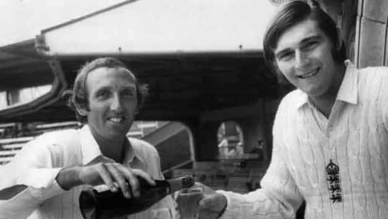 Geoff Arnold (left) pours champagne for Chris Old after the two English pacemen destroyed India in sensational manner. India were all out for 42 in just 17 overs with Old taking for 5 for 21 and Arnold 4 for 19 &Acirc;&copy; Getty Images