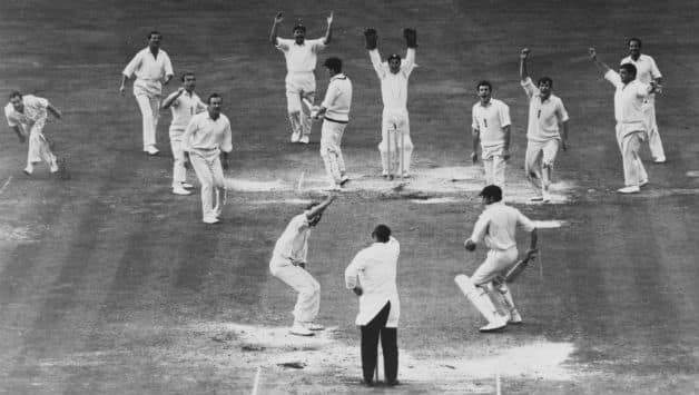 Charlie Elliott raises his finger to give John Inverarity out to Derek Underwood, ending Australia's second innings and signalling victory for England in the final Test at The Oval, 1968. The Englishmen (from left) in the Carmody field are Ray Illingworth, Tom Graveney, John Edrich, Ted Dexter, Colin Cowdrey, Derek Underwood (bowler), Allan Knott, John Snow, David Brown, Colin Milburn, Basil D'Oliveira. Non-striker is Allan Connolly © Getty Images
