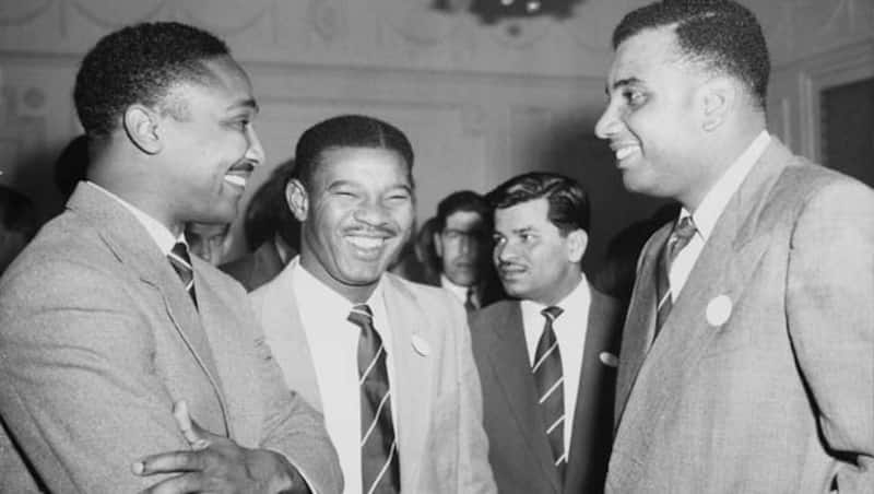 The &lsquo;Three Ws&rsquo; of the West Indian cricket team attending a cocktail party at the West Indian Club, London, the day after their arrival in Britain, April 15, 1957. From left: Frank Worrell, Everton Weekes and Clyde Walcott.  Sonny Ramadhin can also be seen behind, between Weekes and Walcott &copy; Getty Images