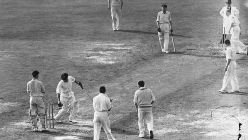 Don Bradman is bowled for a duck by a googly from Eric Hollies in Australia's first innings in the final Test match against England at The Oval, London, on August 14, 1948 &copy; Getty Images