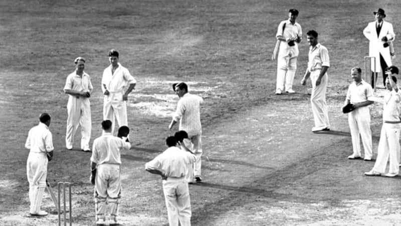 Norman Yardley leads his special cheer from his team for Australian captain Don Bradman as he arrives at the wicket to bat in his final Test &copy; Getty Images