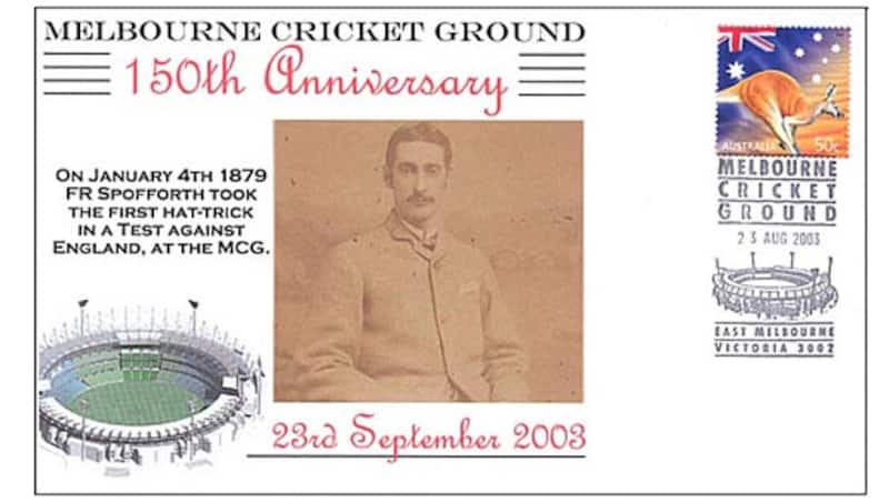 This commemorative stamp was brought out in 2003 to honour the first-ever hat-trick on the 150th anniversary celebration of the Melbourne Cricket Ground. However, the date is slightly wrong. The hat-trick took place on the first day of the Test, on January 2. The date shown here, January 4, was the last day of the Test match. Spofforth claimed all the four wickets to fall that day, but there was no hat-trick.