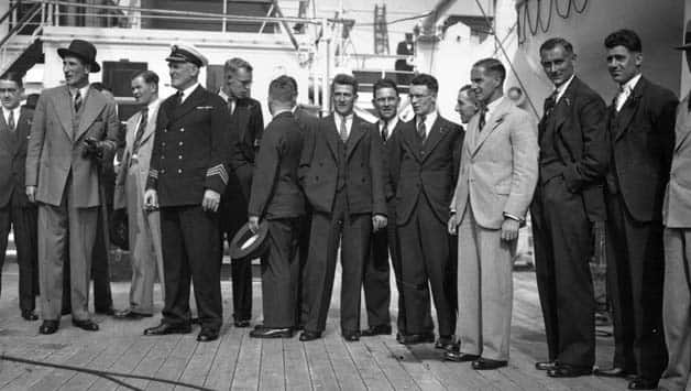 Members of the 1932 MCC cricket team aboard the liner ‘Orontes’ at Tilbury, enroute to Australia. From left to right: Wally Hammond, Douglas Jardine (captain), Freddie Brown, Bill Bowes, George Duckworth (head turned), Harold Larwood, Maurice Leyland, Tommy Mitchell, Eddie Paynter, Herbert Sutcliffe, Hedley Verity, Bill Voce and Bob Wyatt. The tour was one of the most acrimonious in cricket history because of captain Jardine’s Bodyline tactics © Getty Images