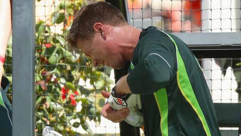 James Faulkner removes his gloves after being hit on the hand while training ahead of third Test © Getty Images