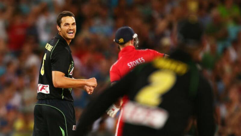 Nathan Coulter-Nile (centre) celebrates the fall of an English wicket &Acirc;&copy;  Getty Images 