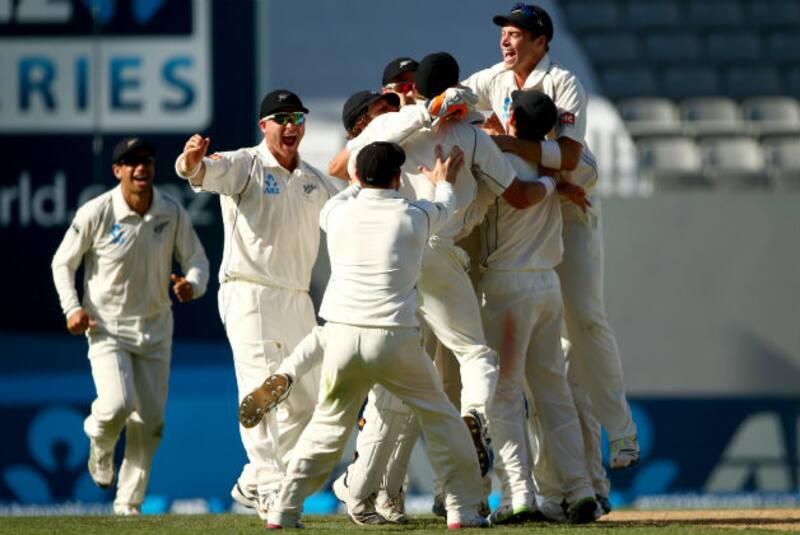 A jubilant New Zealand team celebrates the thrilling 40-run victory over India &copy; Getty Images