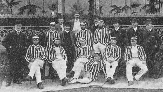 In this photograph of the Australian team of 1882, Tom Garrett (centre in bottom row)is sharing space with few other members of the team which hosted the English in 1885 as well. Photo Courtesy - Wikimedia Commons