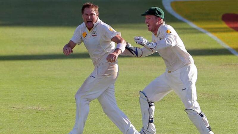 Ryan Harris (left) claimed two wickets in three balls on the final day of the final Test to lead Australia to win &Acirc;&copy; Getty Images