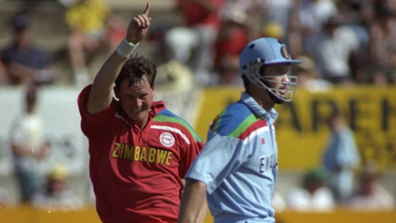 Eddo Brandes (left) celebrates the dismissal of England batsman Graeme Hick &Acirc;&copy; Getty Images