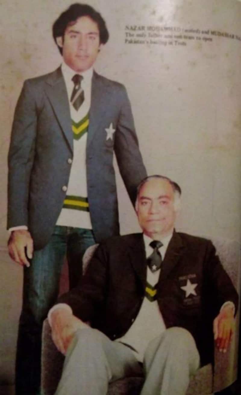 Father and son: Mudassar Nazar (standing) and Nazar Mohammad. Photo courtesy: The Cricketer (Pakistan), October 1981