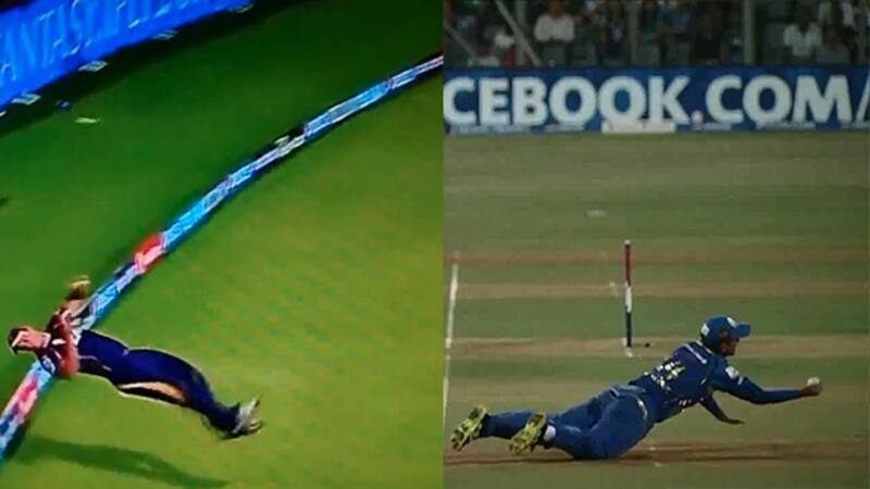 Screengrab of the catches taken by Chris Lynn and Ricky Ponting