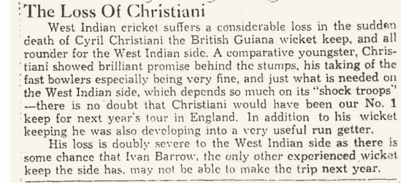 Kingston Gleaner published an obituary on Cyril Christiani's death. Courtesy: Newspaperachive.com