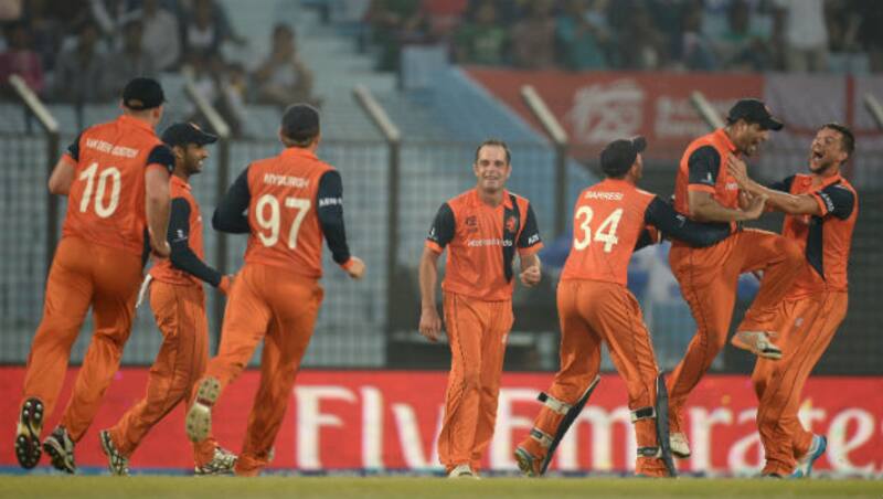 Netherlands players celebrates after running out Tim Bresnan of England during the ICC World Twenty20 Bangladesh 2014 Group 1 match between England and the Netherlan