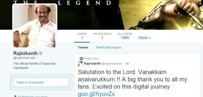 Within a few hours, Rajanikanth had more than 100,000 followers Photo Courtesy: Official Twitter account of Rajanikanth