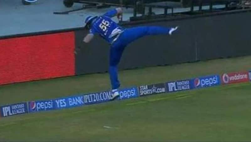 Pollard ensures that he lands his left feet well inside the boundary line.