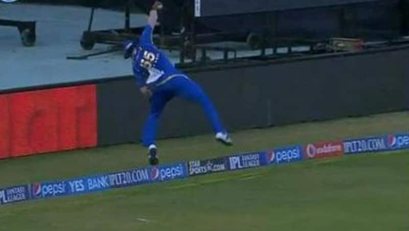 The moment where Kieron Pollard realises he is too close to the boundary line.