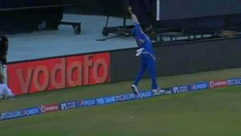 This was the first attempt by Kieron Pollard leaping in the air with right hand outstretched managing to catch the ball.